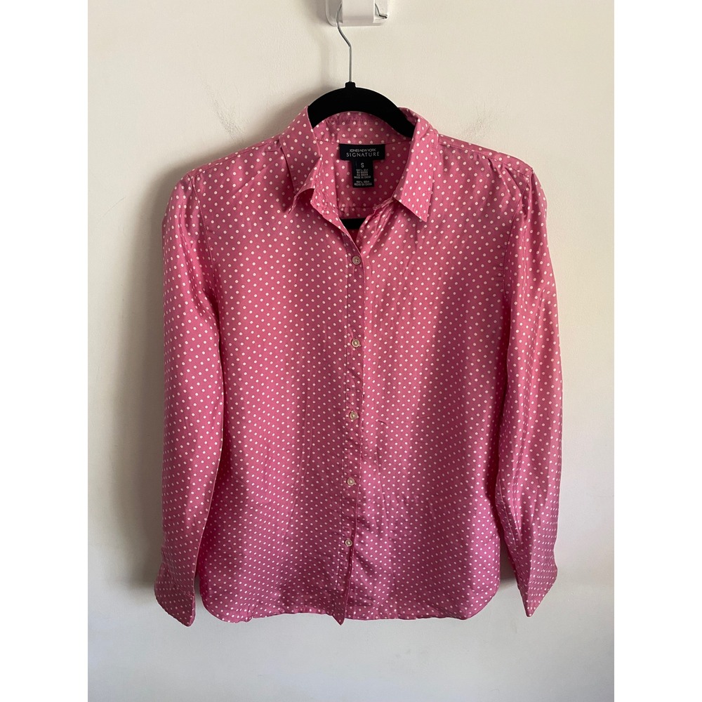 Jones New York Signature Pink Silk Polka Dot Button Down Shirt Womens Small